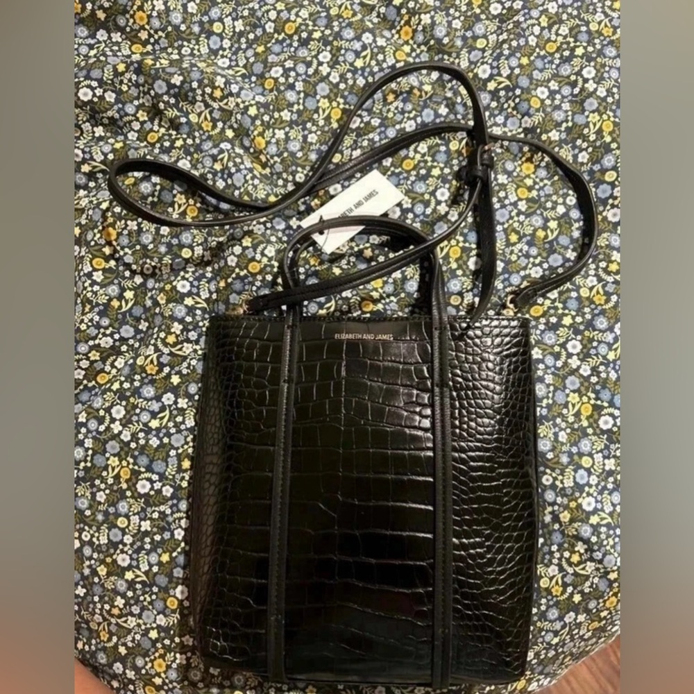 Elizabeth and James Black Croc-Embossed Crossbody Tote